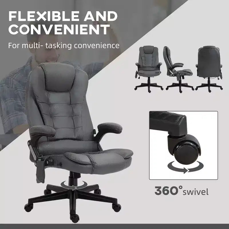 Fauteuil de bureau massant et chauffant à 6 points de vibration, fauteuil de direction grand dossier en microfibre avec dossier inclinable et accoudoirs