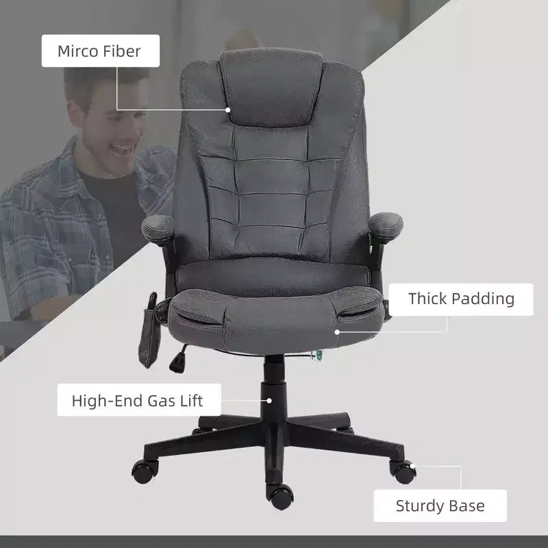 Fauteuil de bureau massant et chauffant à 6 points de vibration, fauteuil de direction grand dossier en microfibre avec dossier inclinable et accoudoirs