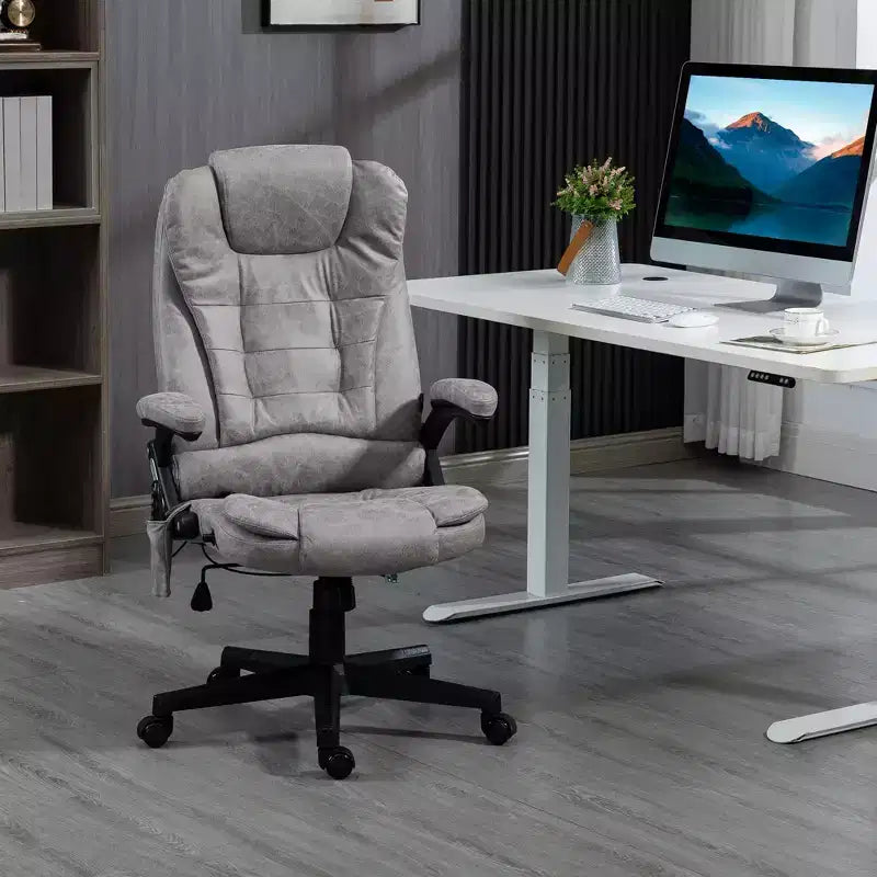 Fauteuil de bureau massant et chauffant à 6 points de vibration, fauteuil de direction grand dossier en microfibre avec dossier inclinable et accoudoirs
