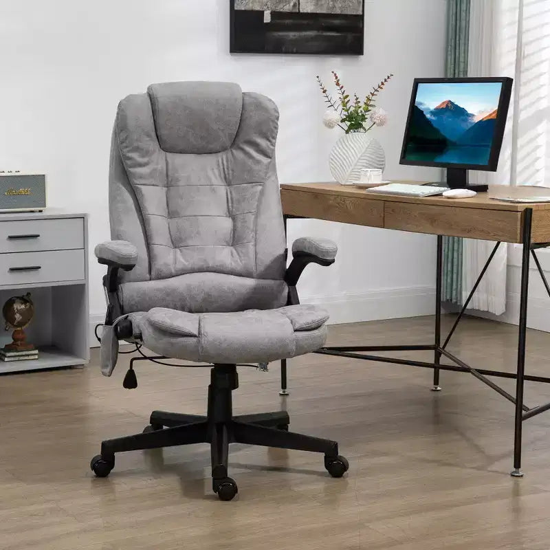 Fauteuil de bureau massant et chauffant à 6 points de vibration, fauteuil de direction grand dossier en microfibre avec dossier inclinable et accoudoirs
