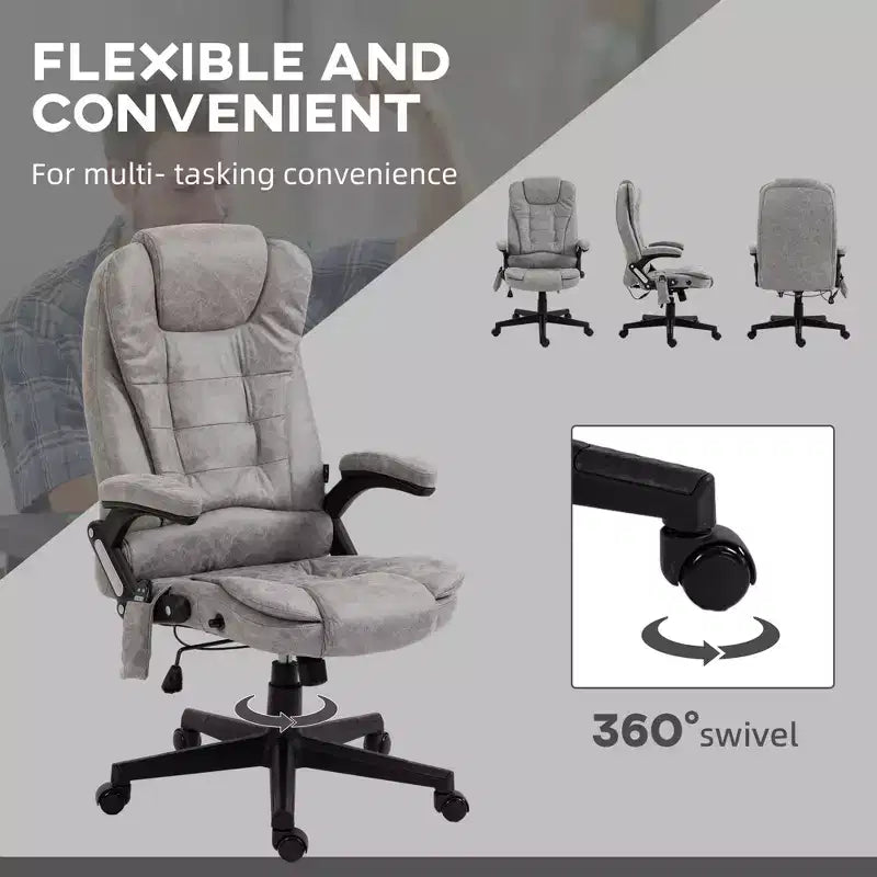 Fauteuil de bureau massant et chauffant à 6 points de vibration, fauteuil de direction grand dossier en microfibre avec dossier inclinable et accoudoirs
