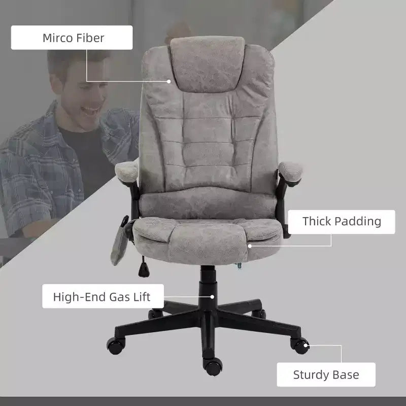 Fauteuil de bureau massant et chauffant à 6 points de vibration, fauteuil de direction grand dossier en microfibre avec dossier inclinable et accoudoirs
