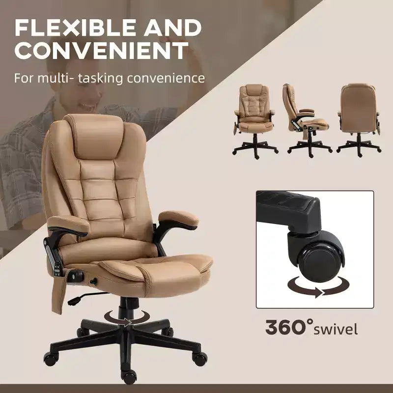 Fauteuil de bureau massant et chauffant à 6 points de vibration, fauteuil de direction grand dossier en microfibre avec dossier inclinable et accoudoirs