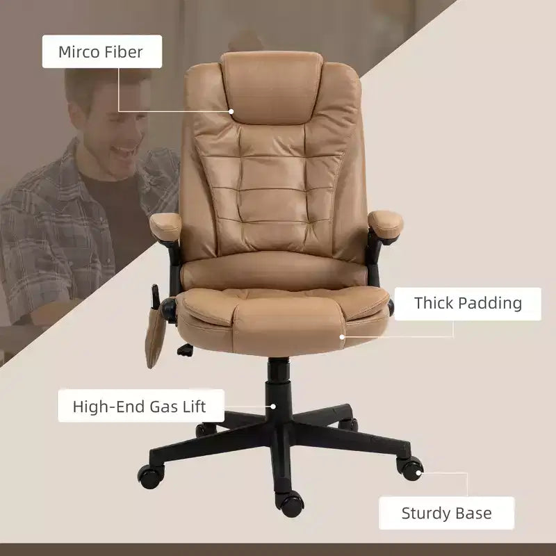 Fauteuil de bureau massant et chauffant à 6 points de vibration, fauteuil de direction grand dossier en microfibre avec dossier inclinable et accoudoirs