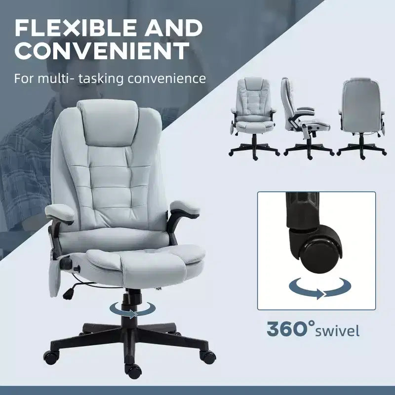 Fauteuil de bureau massant et chauffant à 6 points de vibration, fauteuil de direction grand dossier en microfibre avec dossier inclinable et accoudoirs
