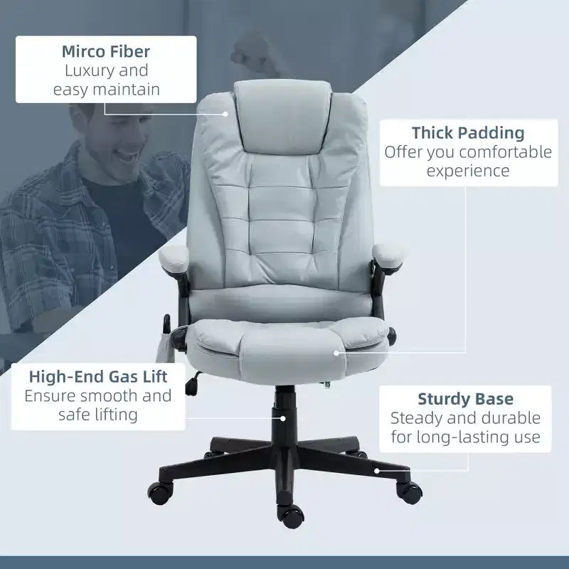 Fauteuil de bureau massant et chauffant à 6 points de vibration, fauteuil de direction grand dossier en microfibre avec dossier inclinable et accoudoirs