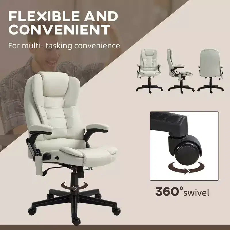 Fauteuil de bureau massant et chauffant à 6 points de vibration, fauteuil de direction grand dossier en microfibre avec dossier inclinable et accoudoirs
