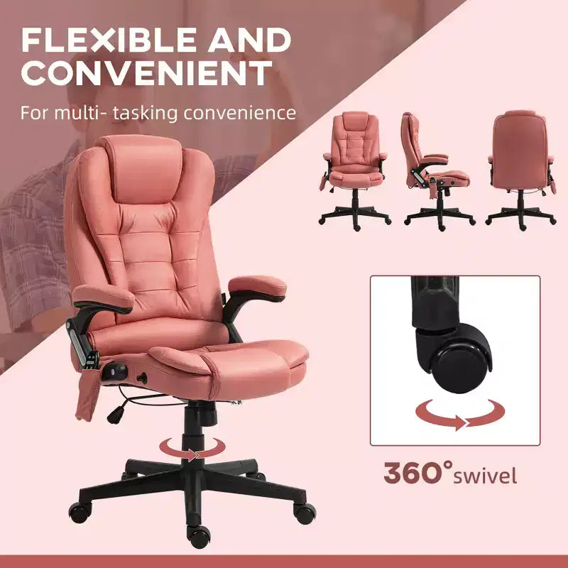 Fauteuil de bureau massant et chauffant à 6 points de vibration, fauteuil de direction grand dossier en microfibre avec dossier inclinable et accoudoirs