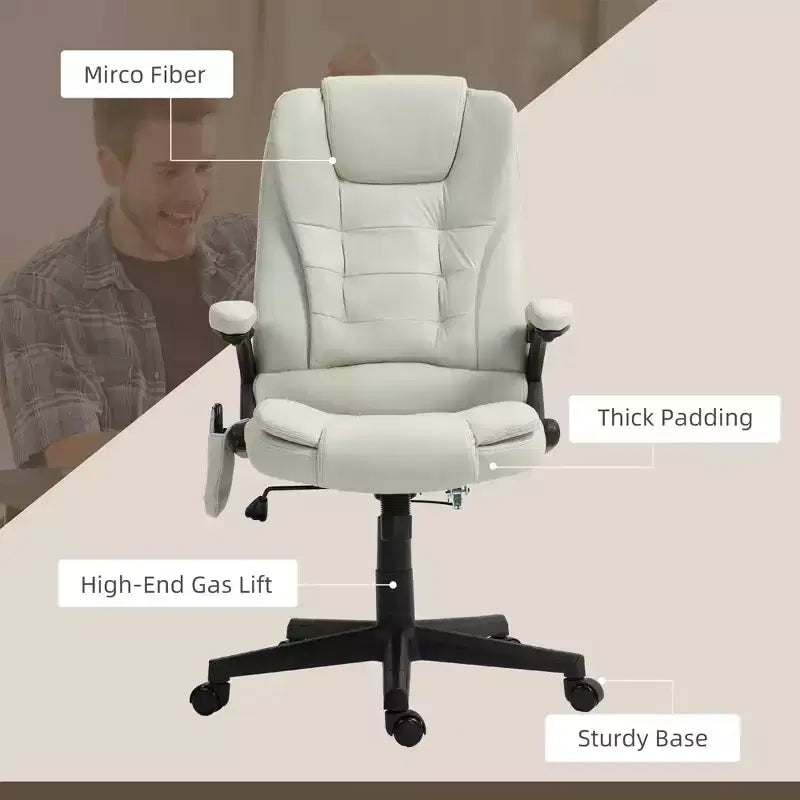 Fauteuil de bureau massant et chauffant à 6 points de vibration, fauteuil de direction grand dossier en microfibre avec dossier inclinable et accoudoirs