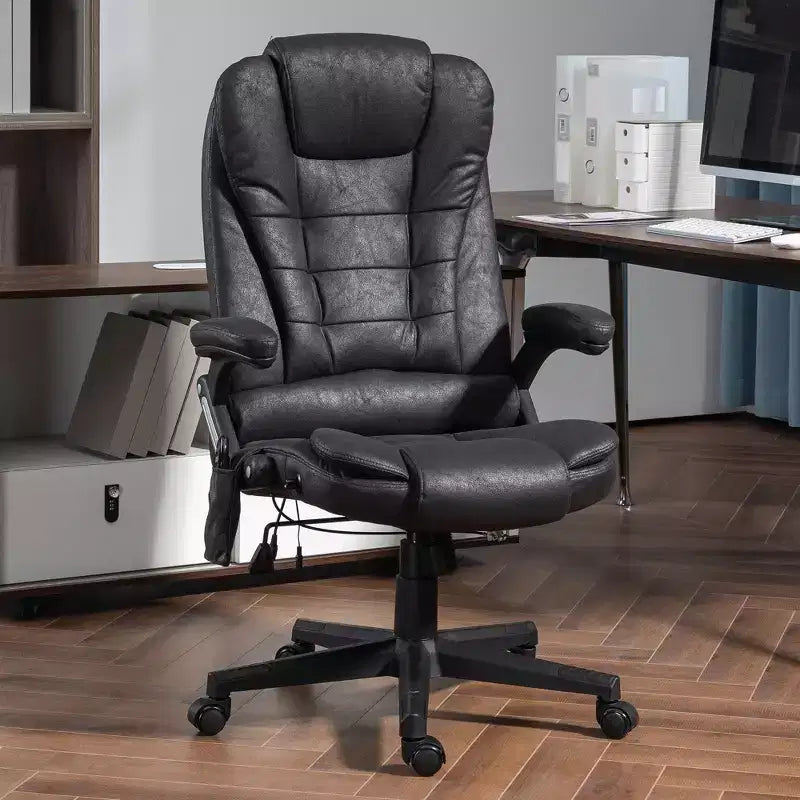 Fauteuil de bureau massant et chauffant à 6 points de vibration, fauteuil de direction grand dossier en microfibre avec dossier inclinable et accoudoirs