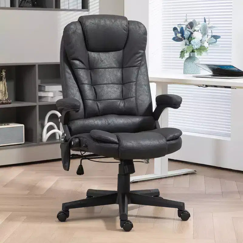 Fauteuil de bureau massant et chauffant à 6 points de vibration, fauteuil de direction grand dossier en microfibre avec dossier inclinable et accoudoirs