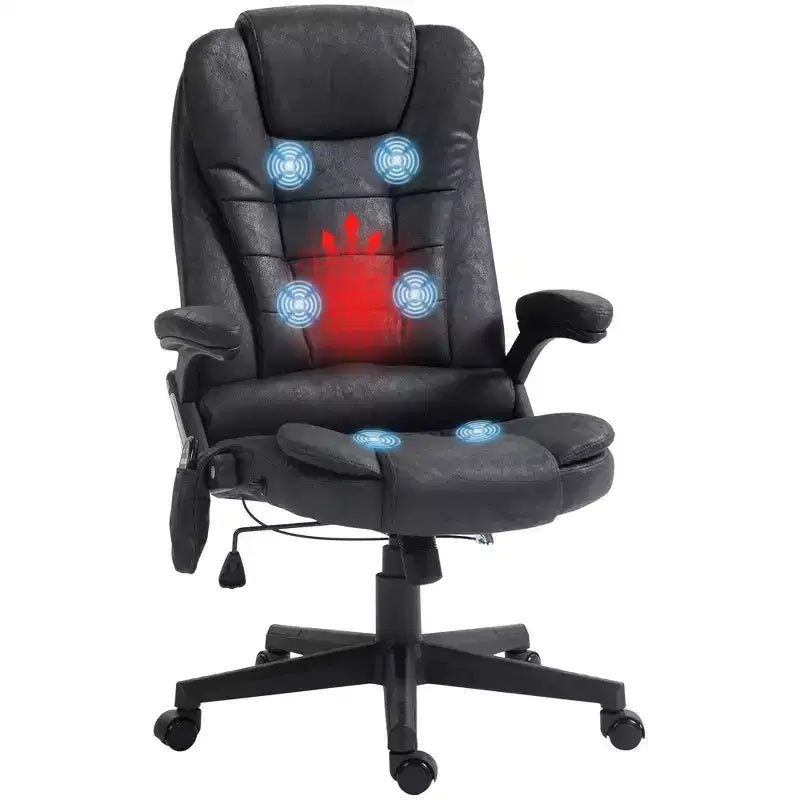 Fauteuil de bureau massant et chauffant à 6 points de vibration, fauteuil de direction grand dossier en microfibre avec dossier inclinable et accoudoirs