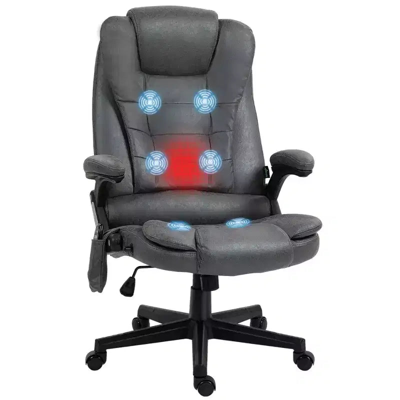 Fauteuil de bureau massant et chauffant à 6 points de vibration, fauteuil de direction grand dossier en microfibre avec dossier inclinable et accoudoirs