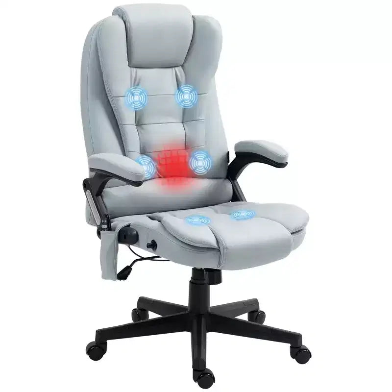 Fauteuil de bureau massant et chauffant à 6 points de vibration, fauteuil de direction grand dossier en microfibre avec dossier inclinable et accoudoirs