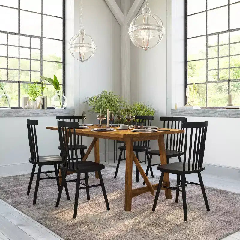 Table à manger de ferme avec piètement à tréteaux en bois