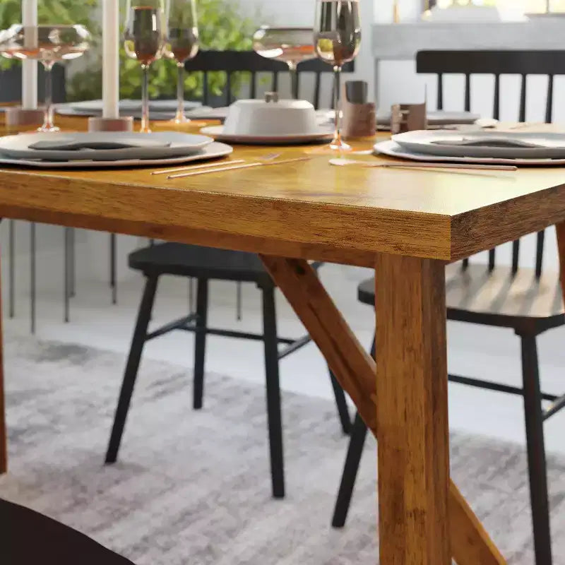 Table à manger de ferme avec piètement à tréteaux en bois