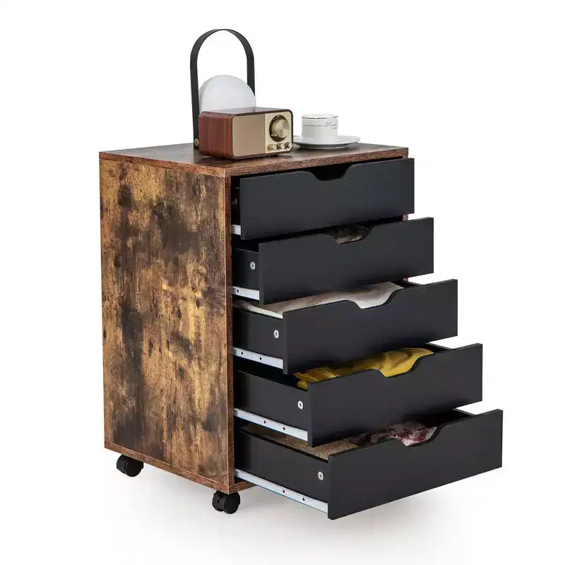 Commode à 5 tiroirs Rangement Armoire Basse Organisateur de sol à roulettes Marron Rustique