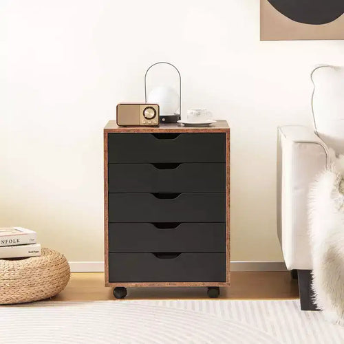 Commode à 5 tiroirs Rangement Armoire Basse Organisateur de sol à roulettes Marron Rustique