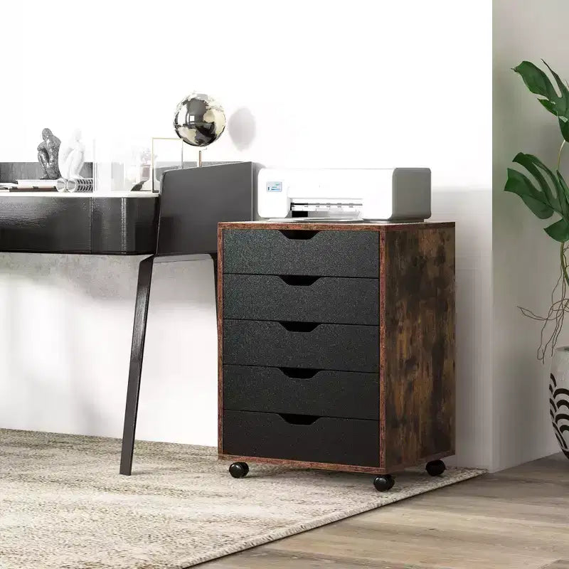 Commode à 5 tiroirs Rangement Armoire Basse Organisateur de sol à roulettes Marron Rustique