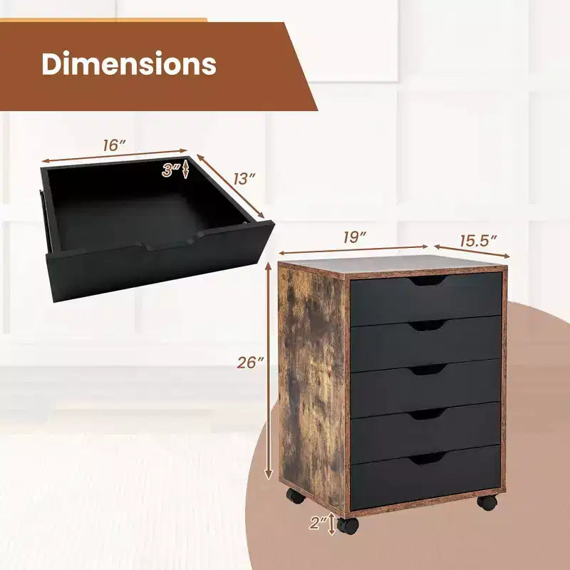 Commode à 5 tiroirs Rangement Armoire Basse Organisateur de sol à roulettes Marron Rustique