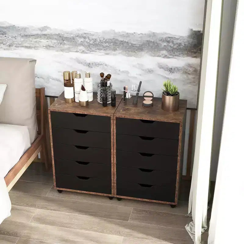 Commode à 5 tiroirs Rangement Armoire Basse Organisateur de sol à roulettes Marron Rustique