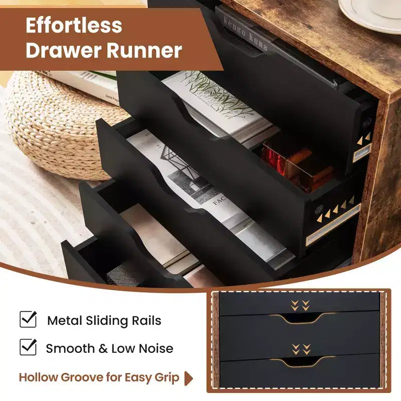 Commode à 5 tiroirs Rangement Armoire Basse Organisateur de sol à roulettes Marron Rustique