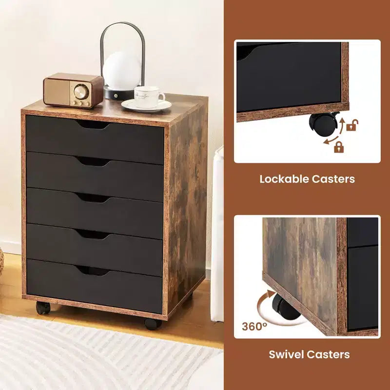 Commode à 5 tiroirs Rangement Armoire Basse Organisateur de sol à roulettes Marron Rustique