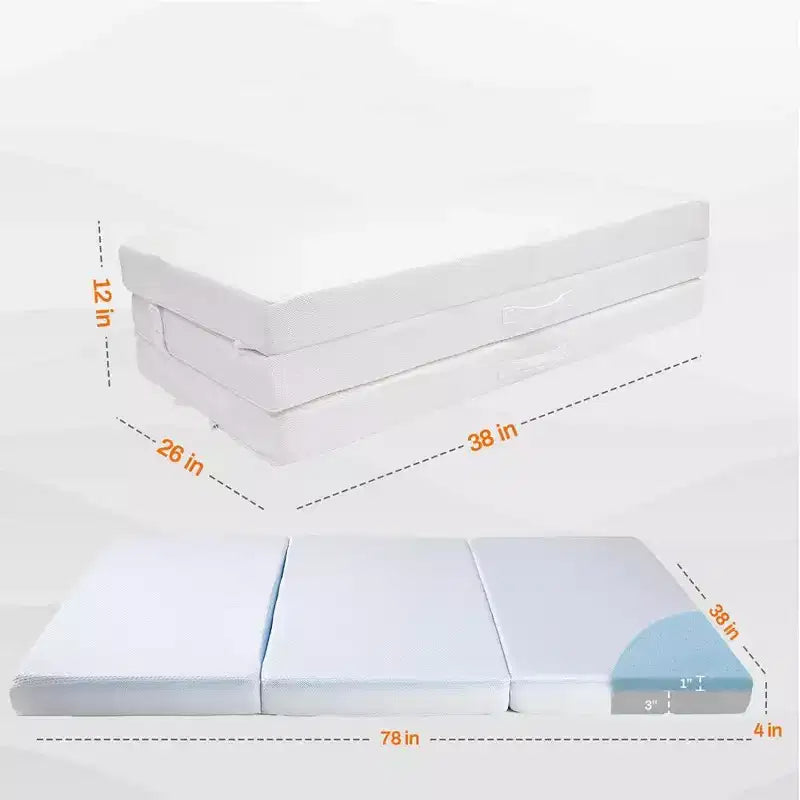 Matelas pliable en trois avec 1 mousse à mémoire de forme infusée de gel
