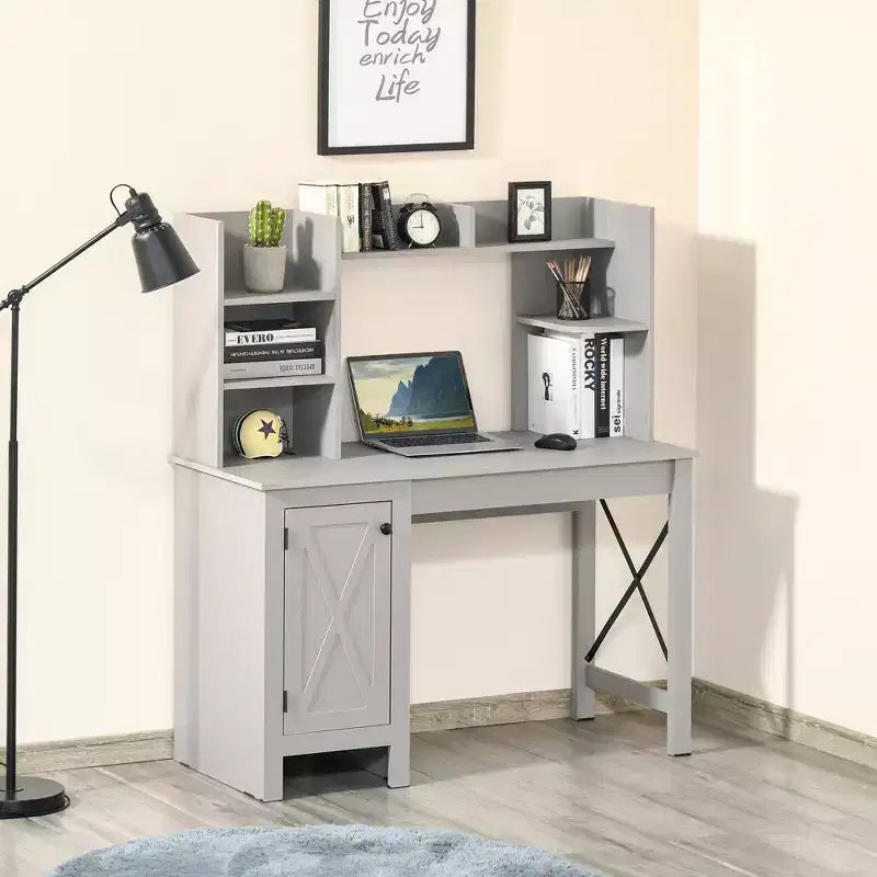 Bureau d'ordinateur de ferme avec étagère supérieure et armoire, Bureau de télétravail avec rangement, pour l'étude