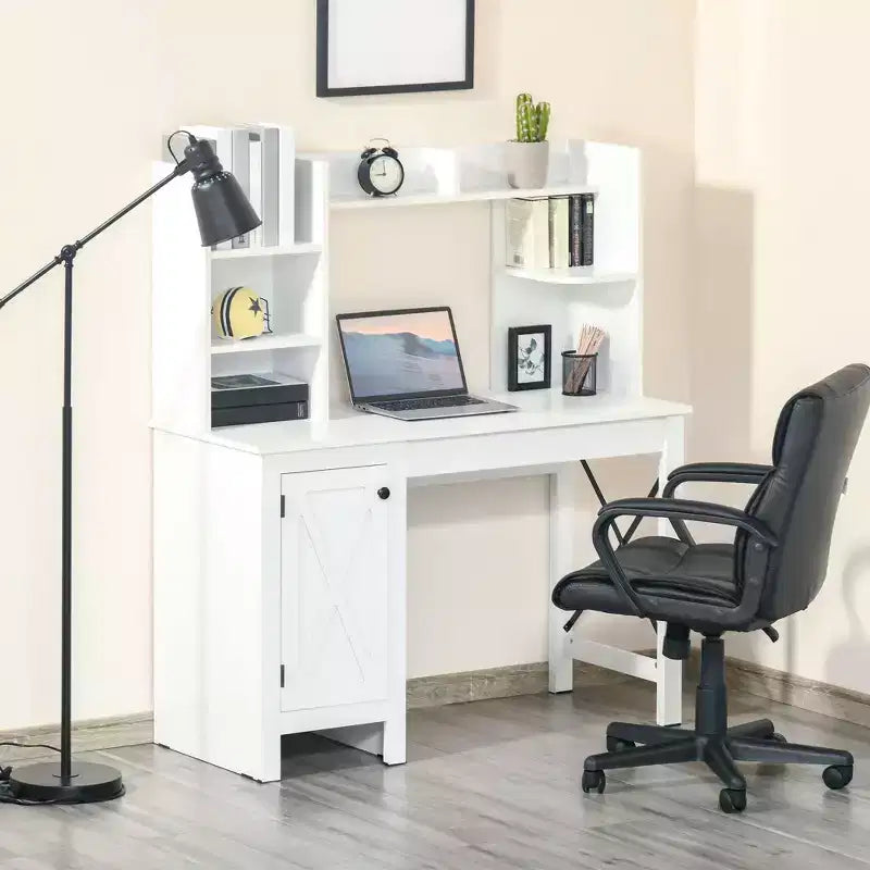 Bureau d'ordinateur de ferme avec étagère supérieure et armoire, Bureau de télétravail avec rangement, pour l'étude