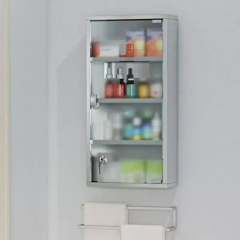 Armoire à pharmacie 12 x 24 avec serrure, étagères de rangement, armoire médicale verrouillable pour la sécurité, armoire murale de salle de bain de premiers secours, argenté