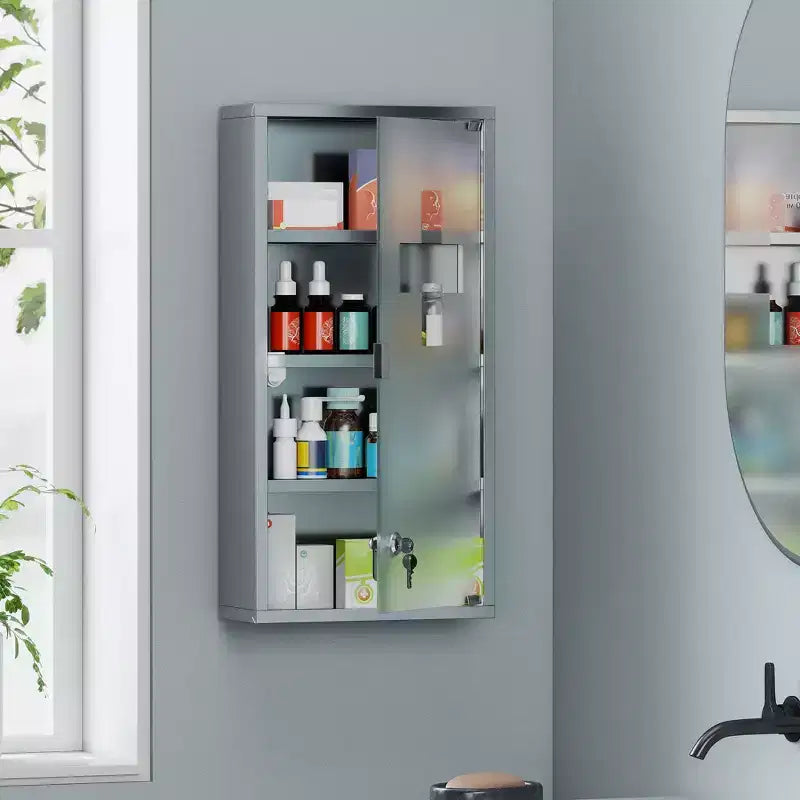 Armoire à pharmacie 12 x 24 avec serrure, étagères de rangement, armoire médicale verrouillable pour la sécurité, armoire murale de salle de bain de premiers secours, argenté