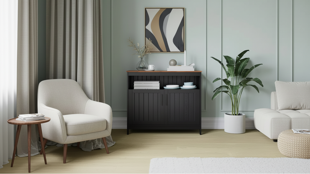 Buffet et console classiques avec armoire de rangement à deux portes et étagère de rangement ouverte