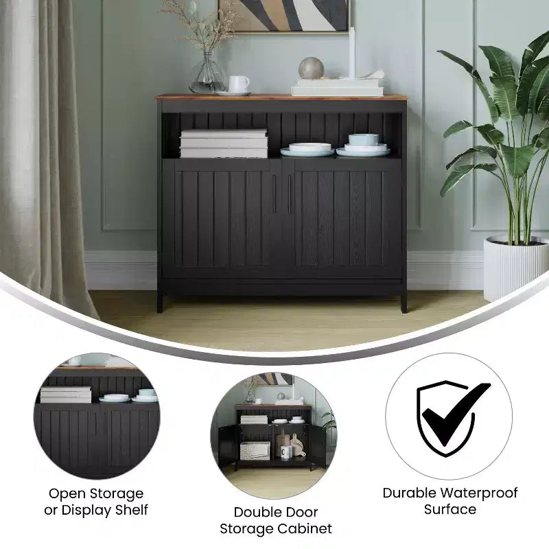 Buffet et console classiques avec armoire de rangement à deux portes et étagère de rangement ouverte
