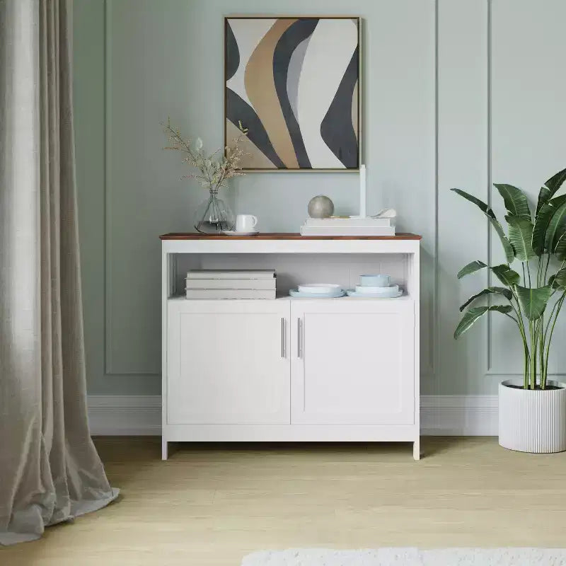 Buffet et console classiques avec armoire de rangement à deux portes et étagère de rangement ouverte