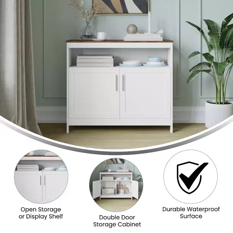 Buffet et console classiques avec armoire de rangement à deux portes et étagère de rangement ouverte