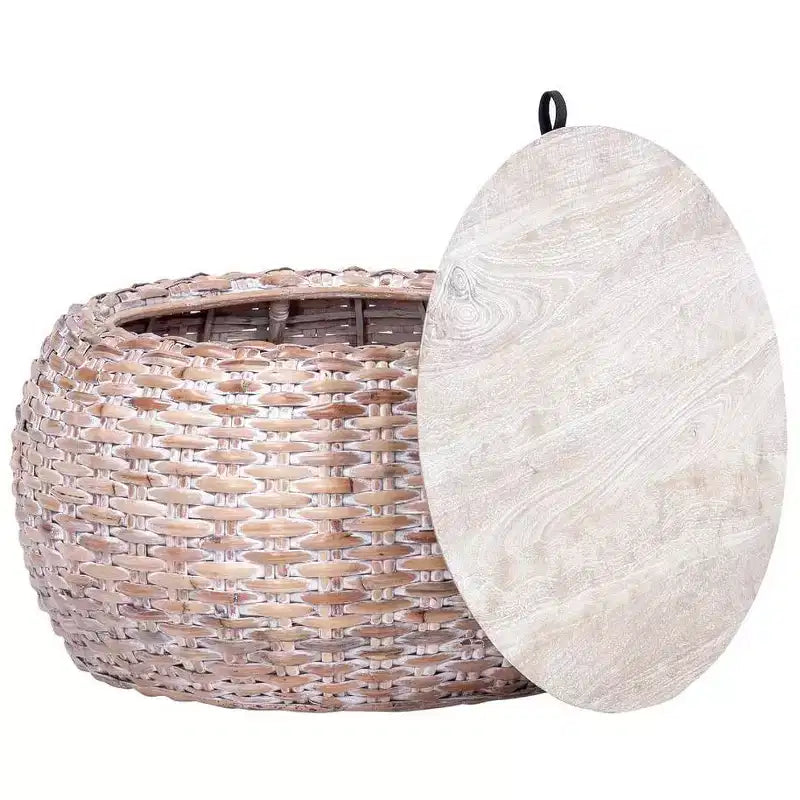 Table basse en bois et rotin – Blanche vieillie naturelle