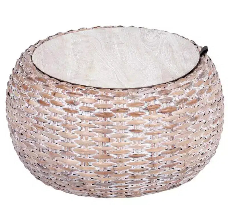 Table basse en bois et rotin – Blanche vieillie naturelle
