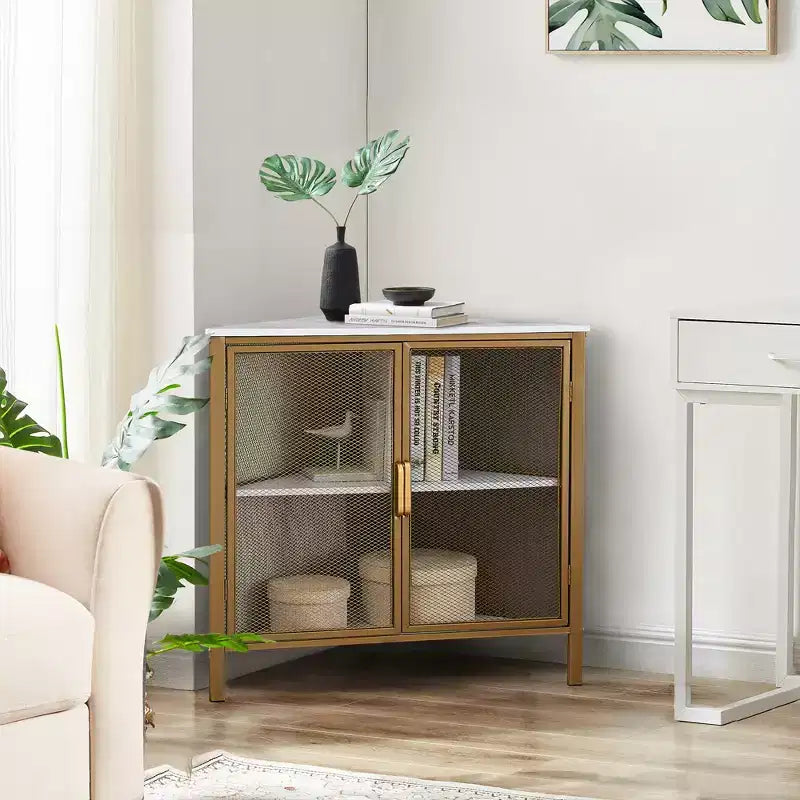 Étagère d'angle de rangement, étagère de présentation à 3 niveaux avec porte de protection et cadre métallique pour petits espaces