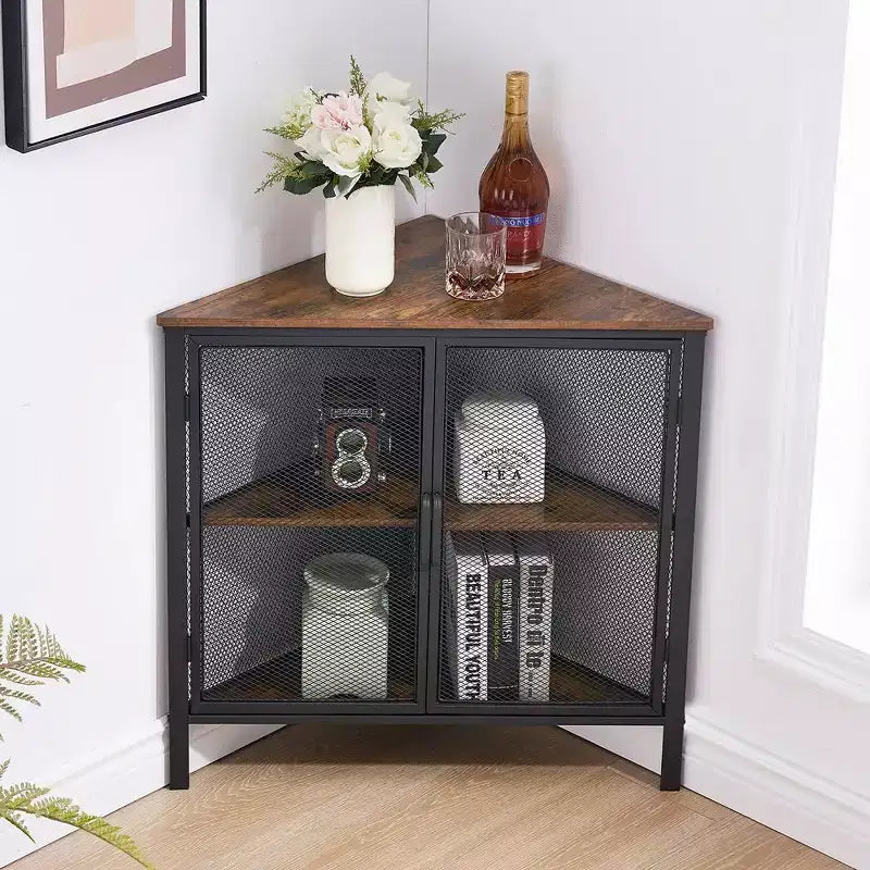Étagère d'angle de rangement, étagère de présentation à 3 niveaux avec porte de protection et cadre métallique pour petits espaces