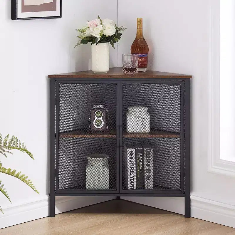Étagère d'angle de rangement, étagère de présentation à 3 niveaux avec porte de protection et cadre métallique pour petits espaces