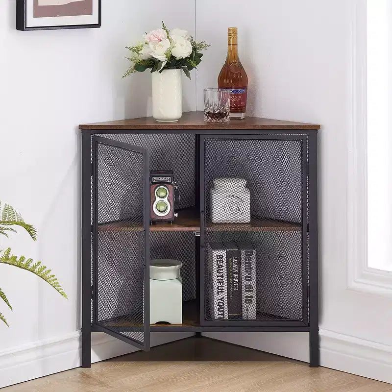 Étagère d'angle de rangement, étagère de présentation à 3 niveaux avec porte de protection et cadre métallique pour petits espaces