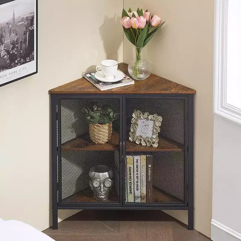Étagère d'angle de rangement, étagère de présentation à 3 niveaux avec porte de protection et cadre métallique pour petits espaces