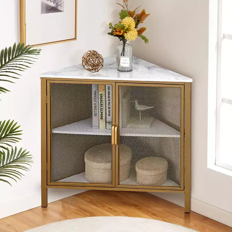 Étagère d'angle de rangement, étagère de présentation à 3 niveaux avec porte de protection et cadre métallique pour petits espaces