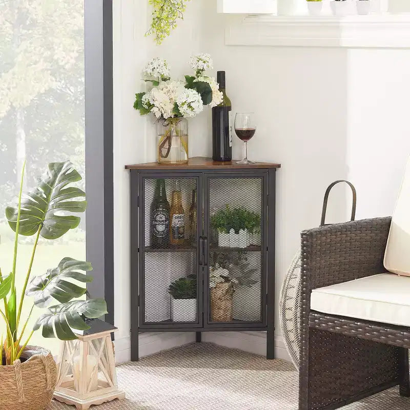 Étagère d'angle de rangement, étagère de présentation à 3 niveaux avec porte de protection et cadre métallique pour petits espaces