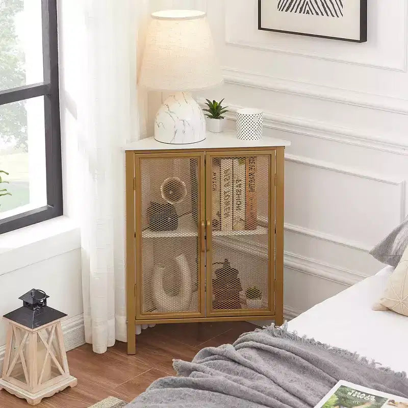 Étagère d'angle de rangement, étagère de présentation à 3 niveaux avec porte de protection et cadre métallique pour petits espaces