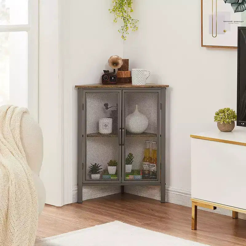 Étagère d'angle de rangement, étagère de présentation à 3 niveaux avec porte de protection et cadre métallique pour petits espaces