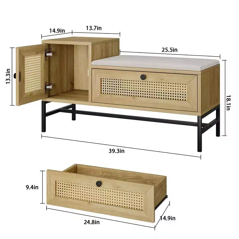 Banc à chaussures en rotin avec rangement, banc d'entrée avec tiroir à chaussures rabattable, banc de rangement à chaussures pour couloir et chambre à coucher, chêne naturel