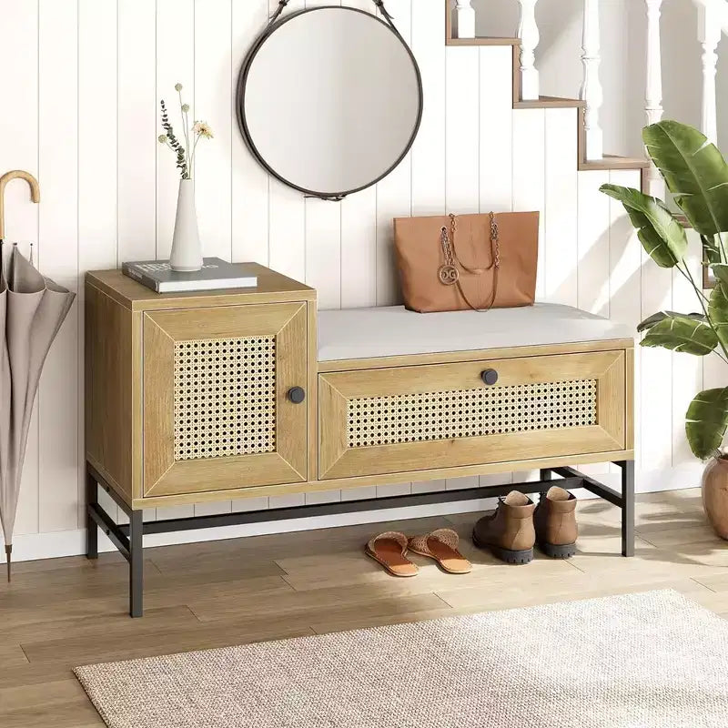 Rattan Shoe Bench with Storage, Entryway Bench with Flip Drawer Shoe Cabinet, Show Storage Bench for Hallway and Bedroom, Natural Oak