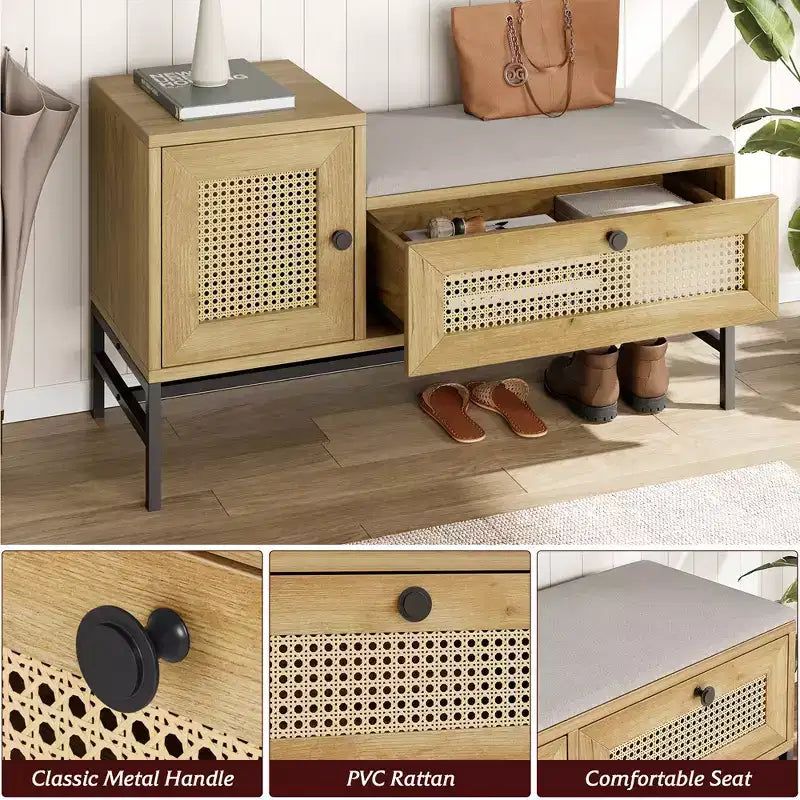 Banc à chaussures en rotin avec rangement, banc d'entrée avec tiroir à chaussures rabattable, banc de rangement à chaussures pour couloir et chambre à coucher, chêne naturel